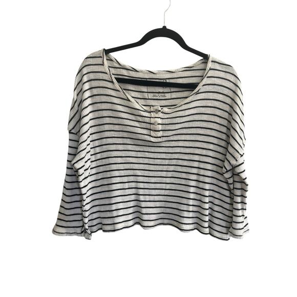 We The Free People Medium Garvey Henley Stripe Shirt Top White Black #6017 - Picture 1 of 11